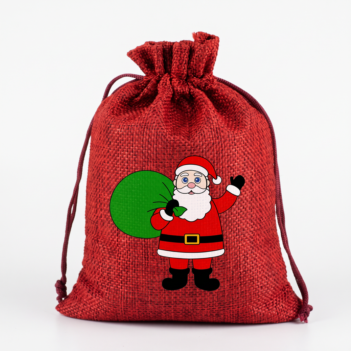 Bolsa de regalo navideña roja de arpillera 20x30cm con cordón y estampado de Viejo Pascuero, fondo blanco