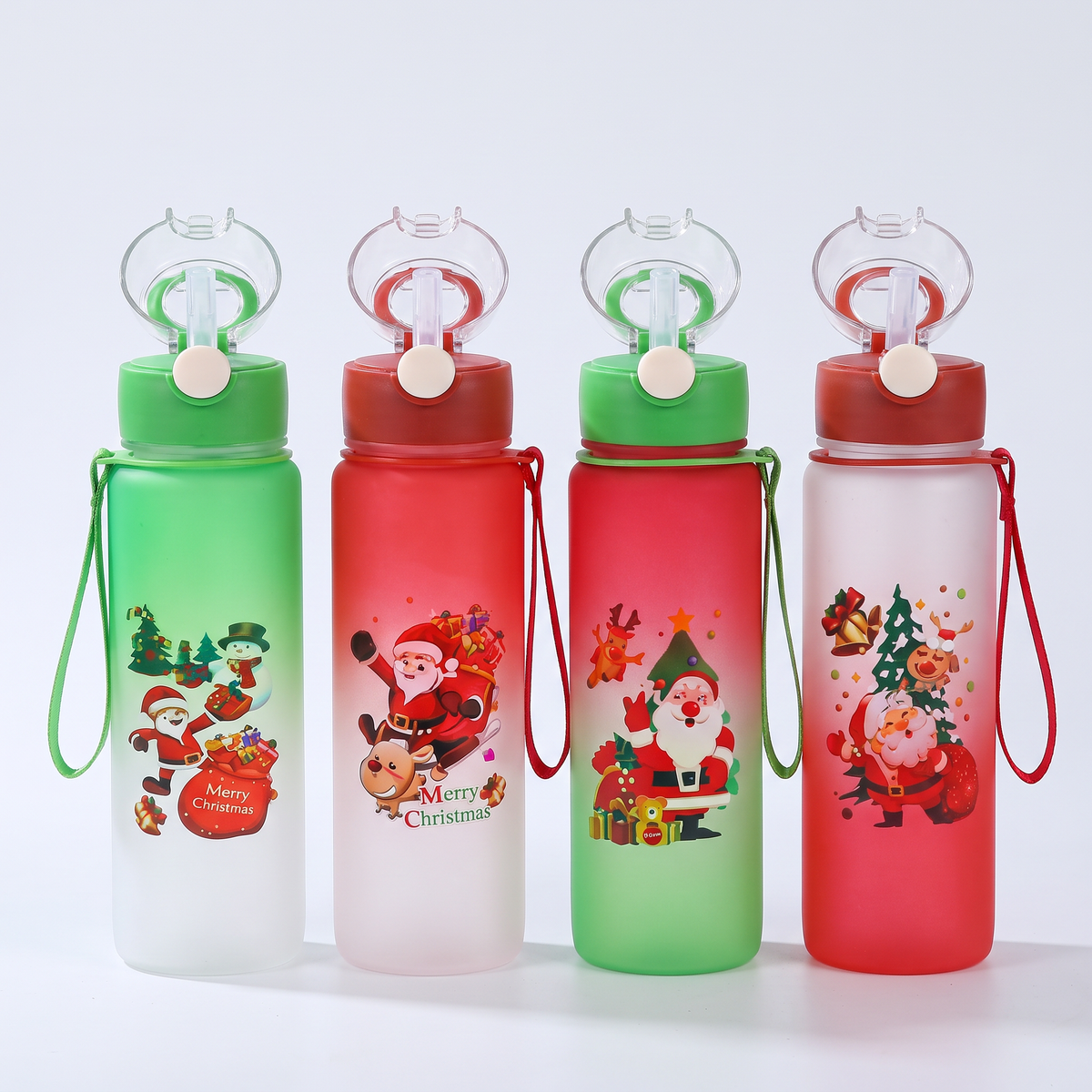 Botellas plásticas navideñas de 900ml con diseños de Viejo Pascuero y tapa con bombilla, fondo blanco