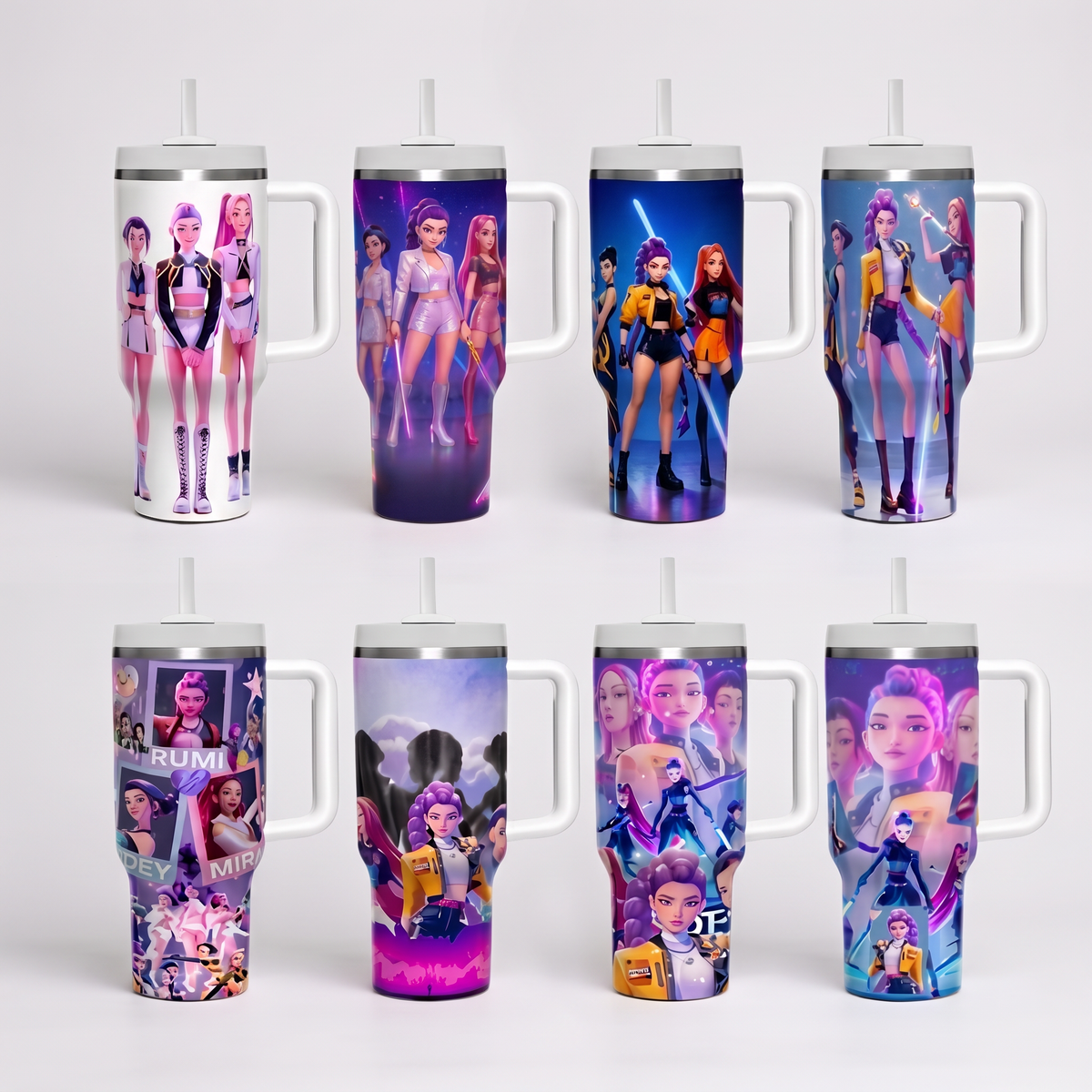 Botella térmica tipo tumbler Guerreras K-Pop de 1200ml con manilla y bombilla, fondo blanco
