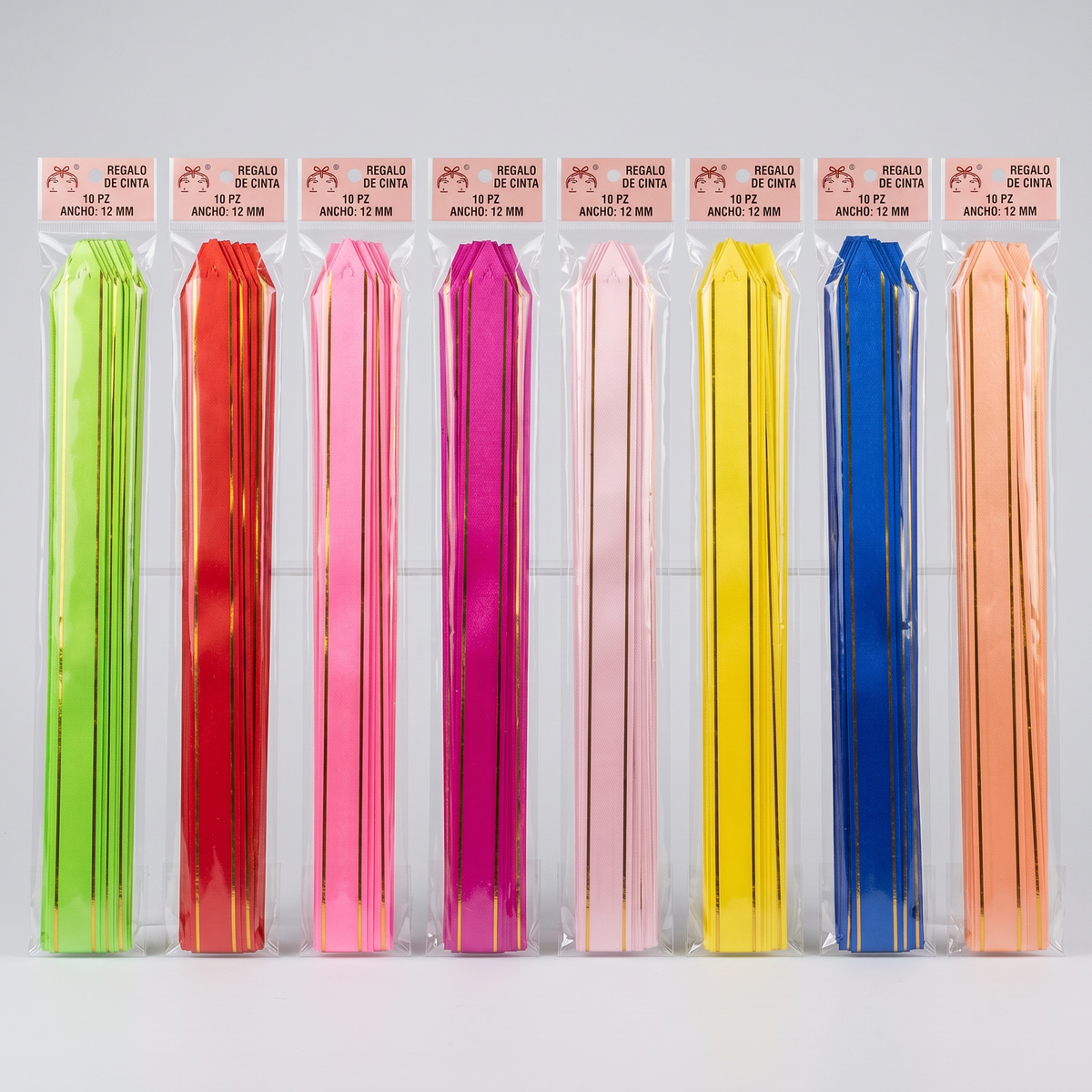 Paquetes de cinta lazo de regalo 2.1x38cm en verde, rojo, rosado, amarillo y azul, fondo blanco