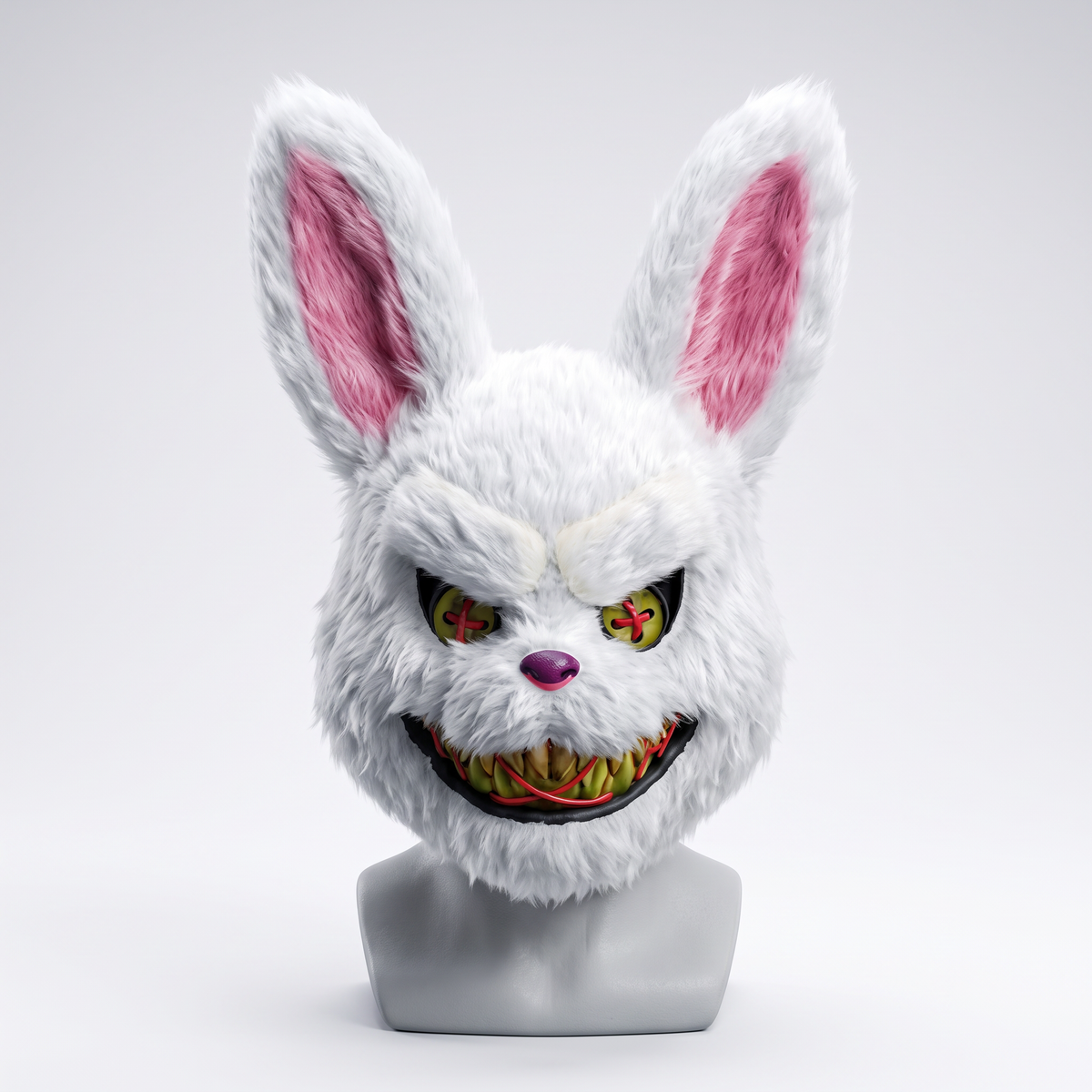 Máscara Halloween de terror conejo blanco de peluche con orejas rosadas en cabeza de maniquí, fondo blanco