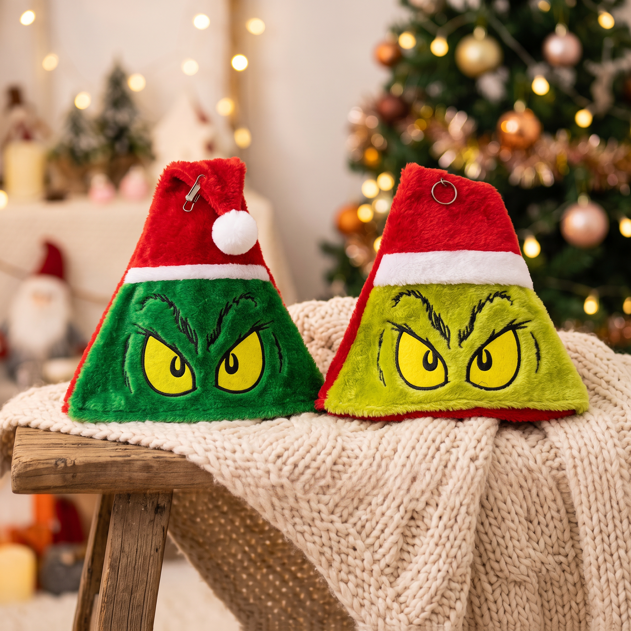 Dos modelos de gorro navideño sobre banca de madera con manta tejida