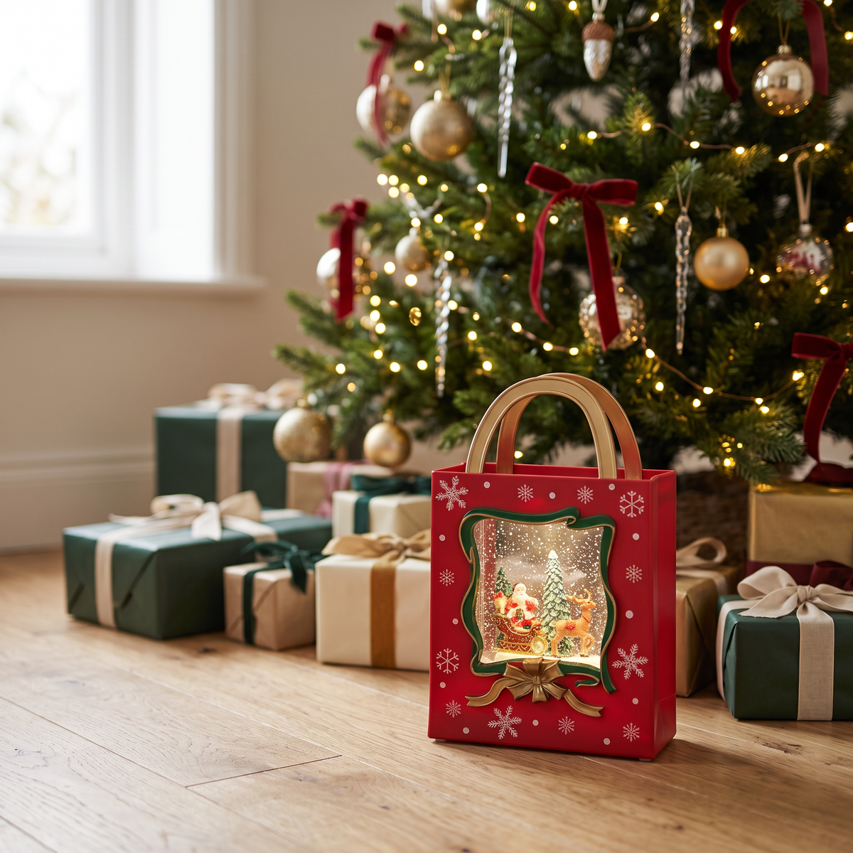 Bolsa Navideña Musical junto a árbol de Navidad con regalos