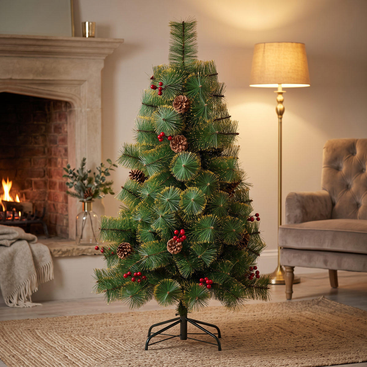 Árbol de Navidad punta dorada 180cm junto a chimenea