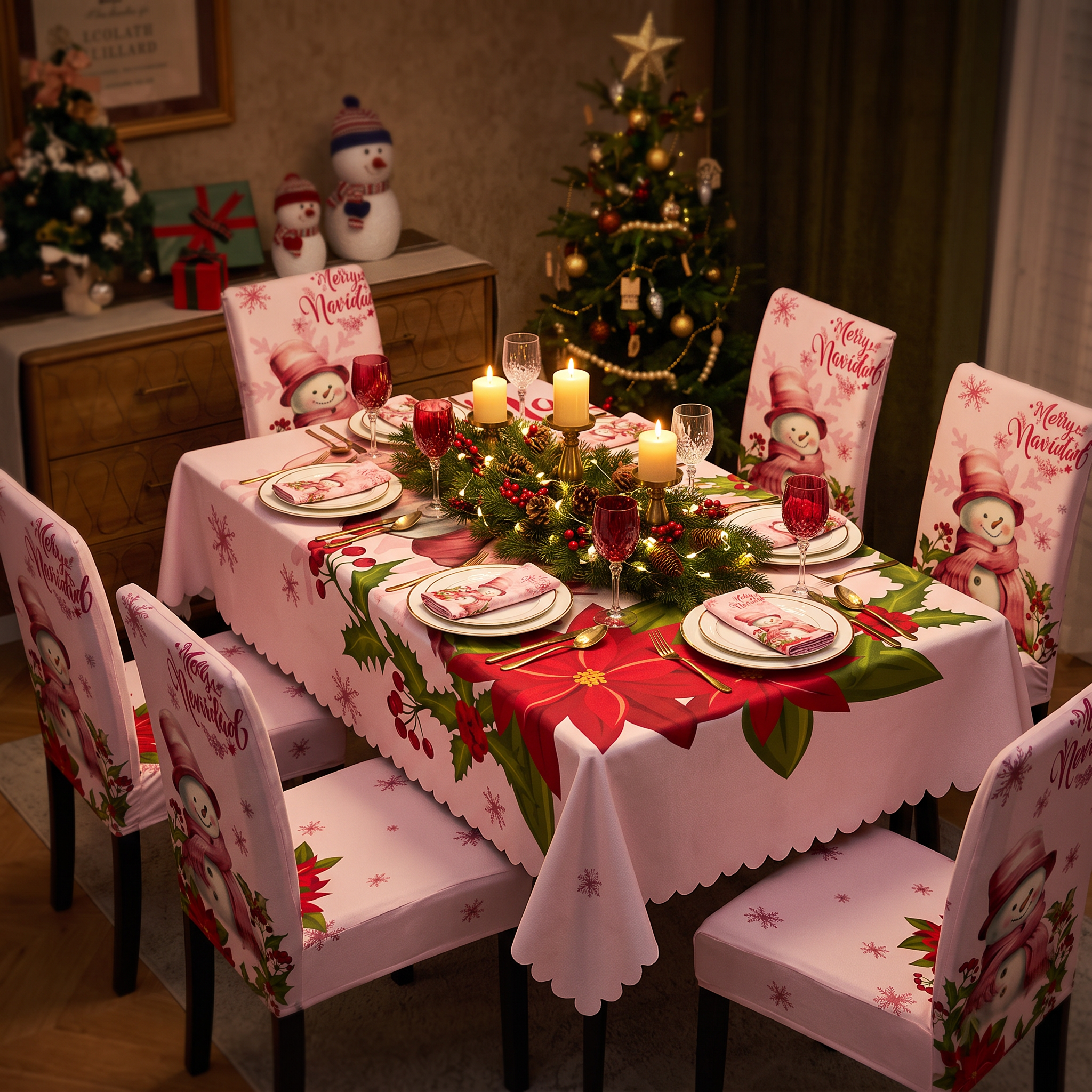Set de mantel y mesa navidad de 7 piezas puesto en mesa servida