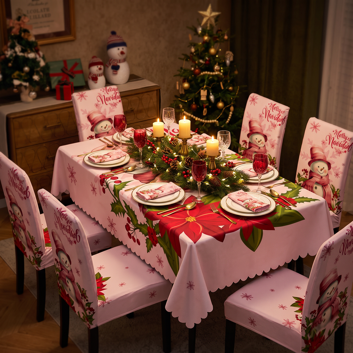 Set de mantel y mesa navidad de 7 piezas puesto en mesa servida