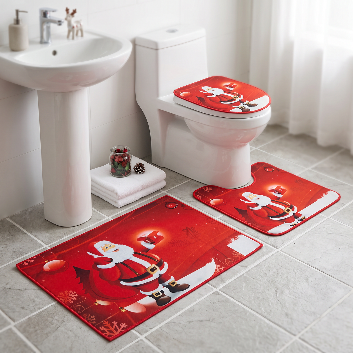 Set 3 piezas de alfombra de baño navideña puesta en el piso del baño
