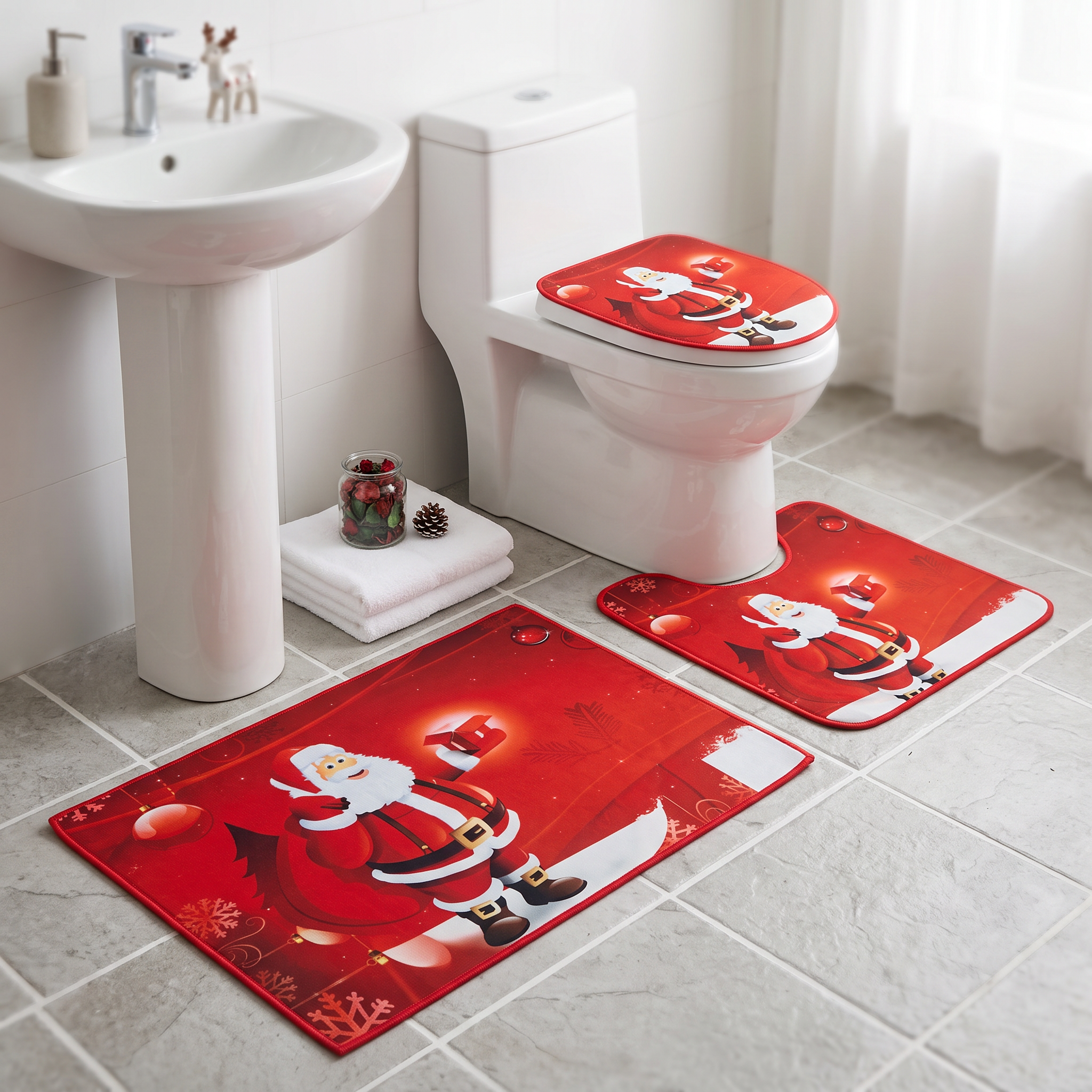 Set 3 piezas de baño navideña puesto en el piso del baño
