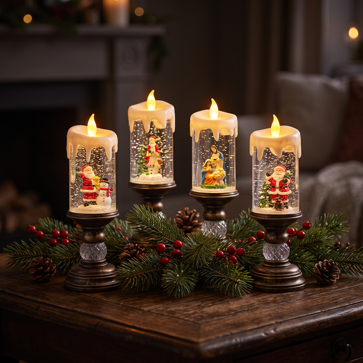 Velas LED Navideñas de 26cm encendidas sobre mesa con ramas de pino