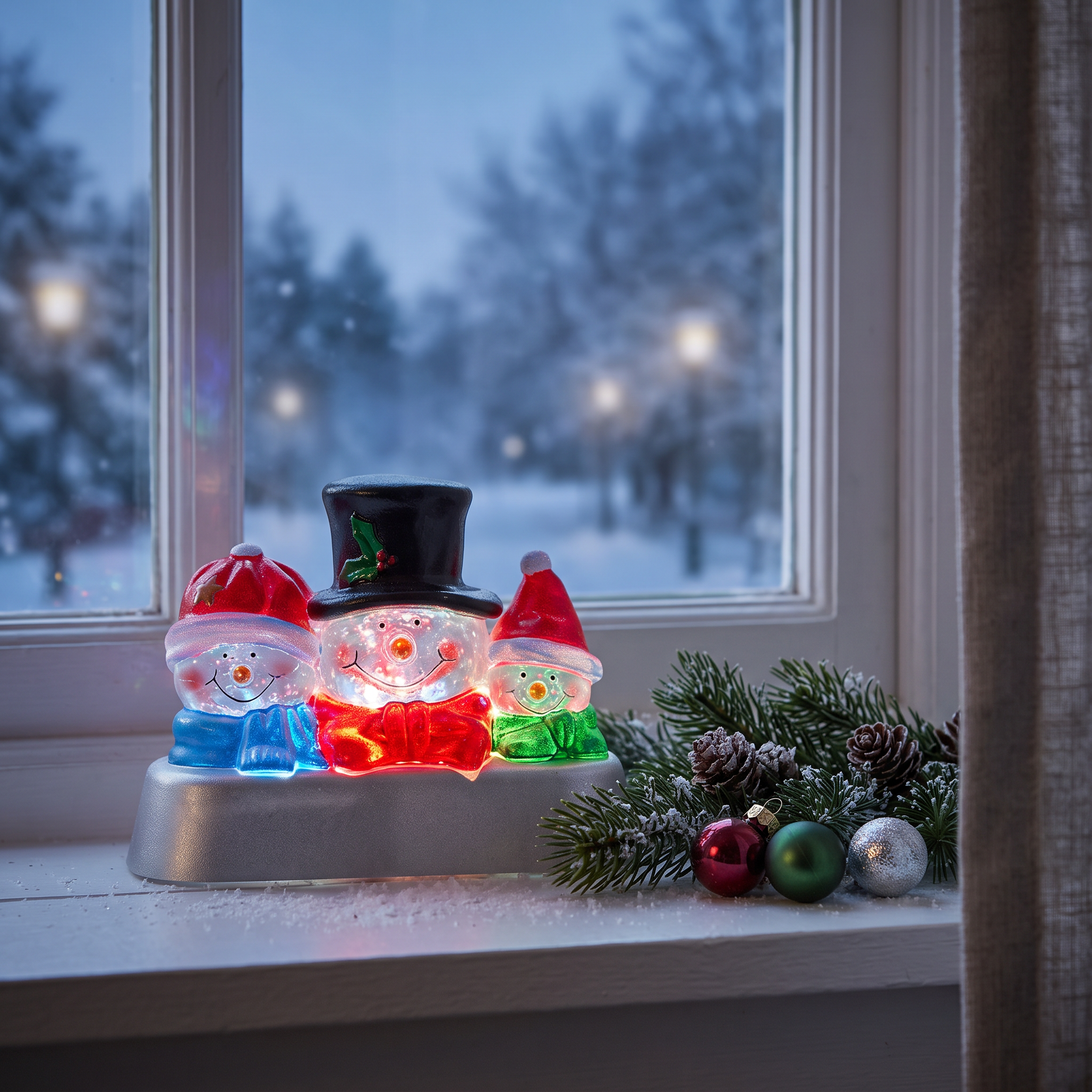 LED Muñeco de Nieve de colores 21x15cm iluminado en repisa junto a ventana