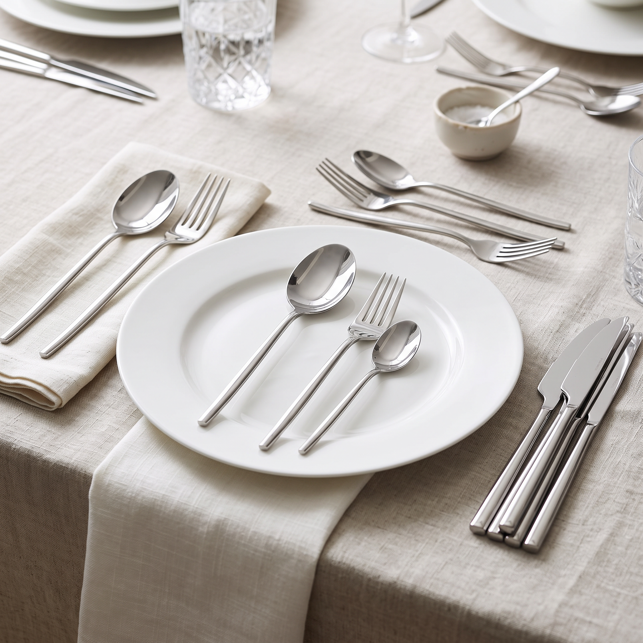 Set de 36 piezas de cubiertos plateados sobre mesa servida con platos blancos