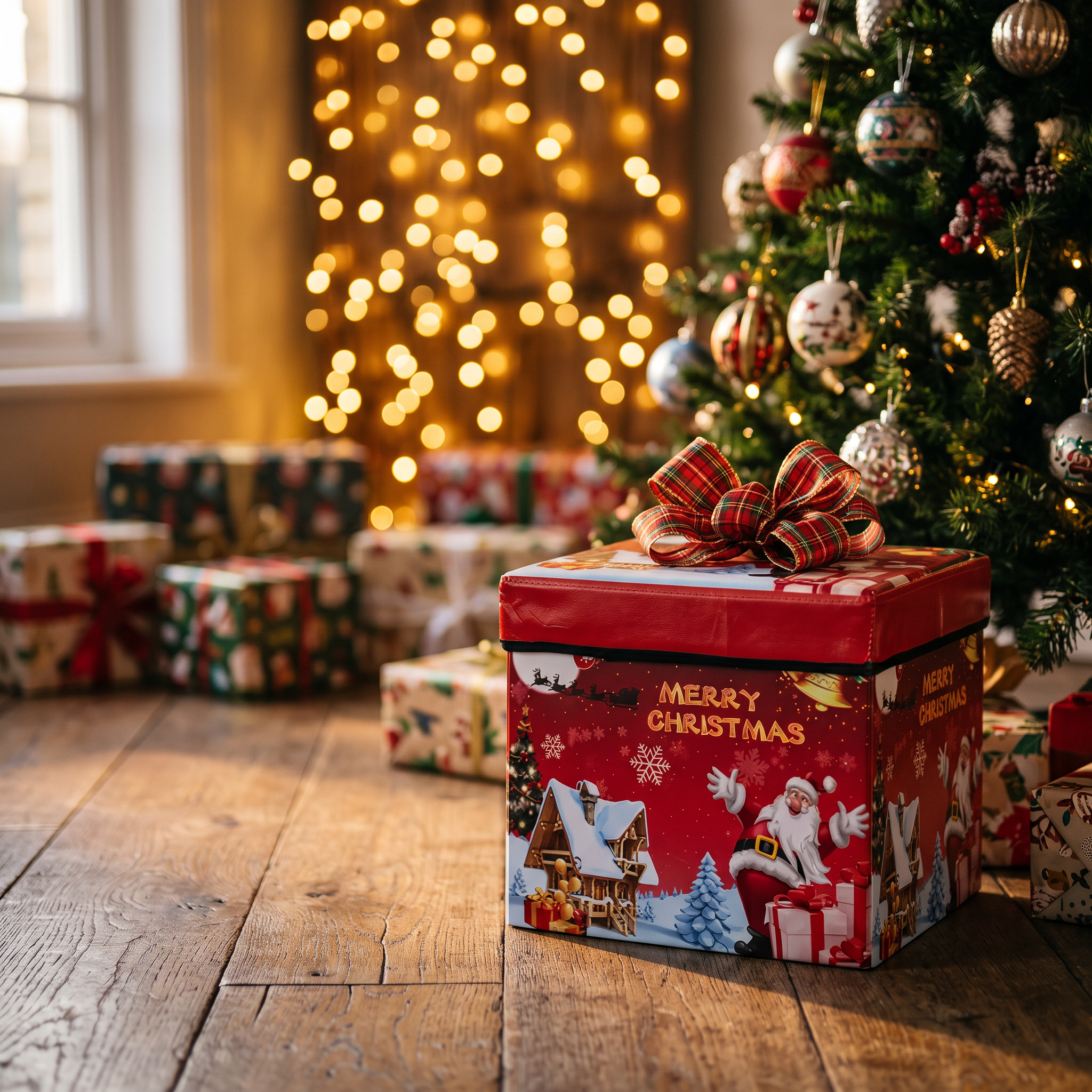 Caja navidad 30x30x30cm junto al árbol con cinta