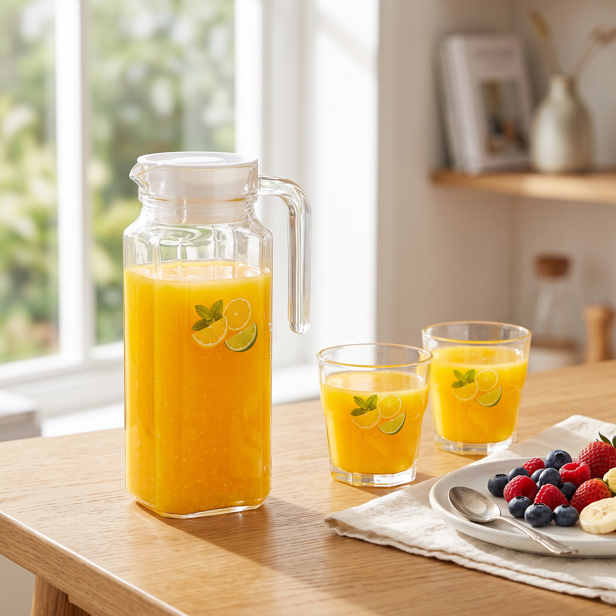 Jarra de vidrio con tapa blanca y vasos con jugo en mesa de desayuno