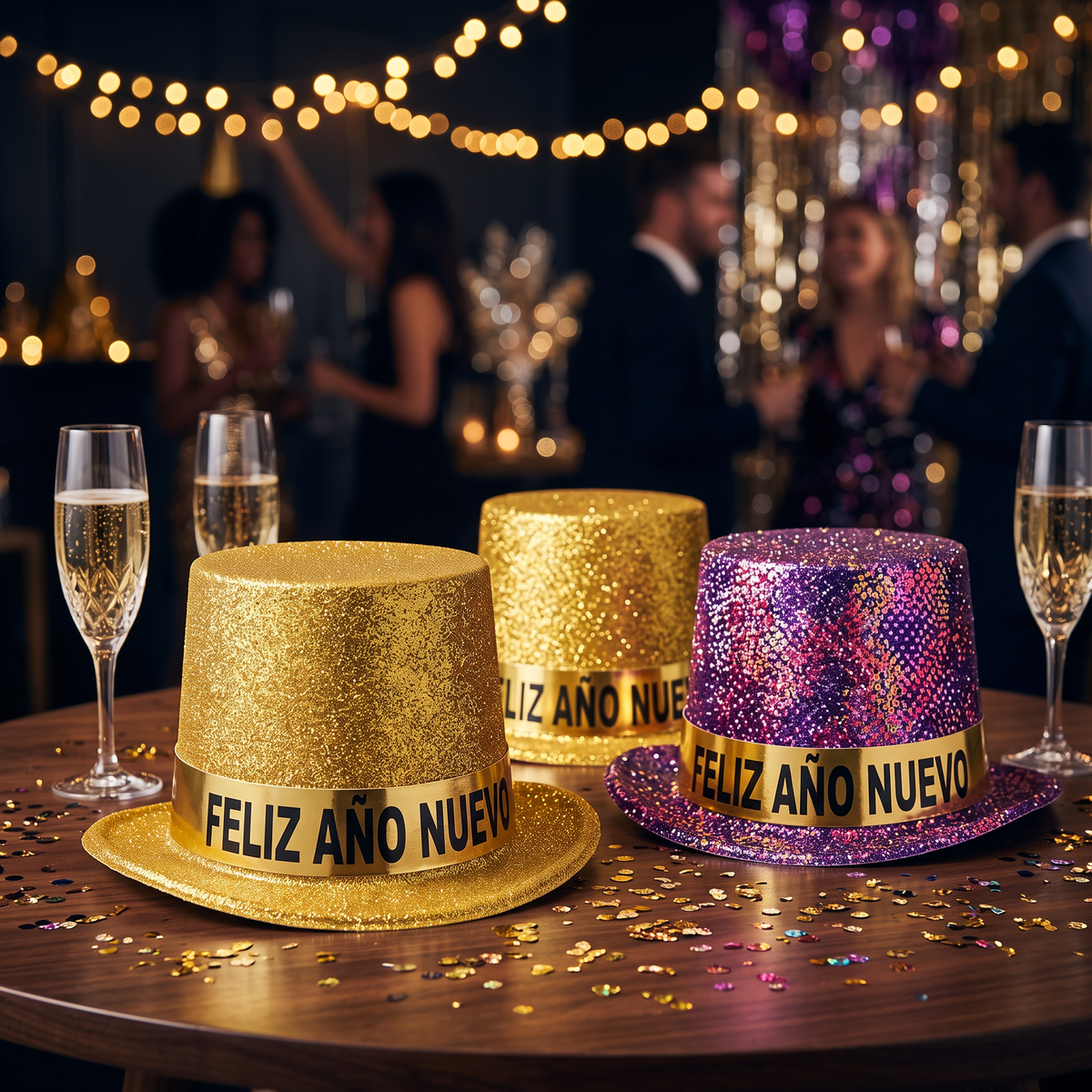 Gorros altos Feliz Año Nuevo sobre mesa con copas y confeti dorado
