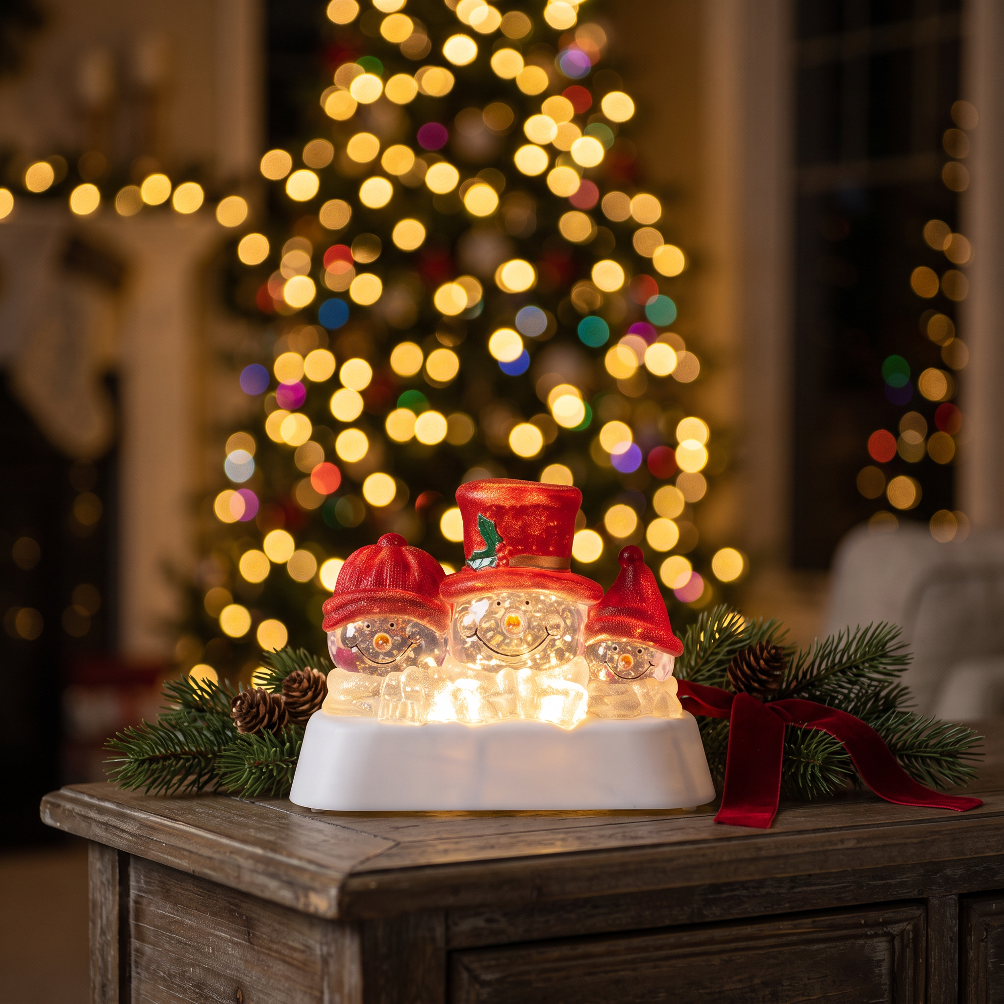 LED Muñeco de Nieve Rojo 21x15cm encendido sobre mesa de living navideño