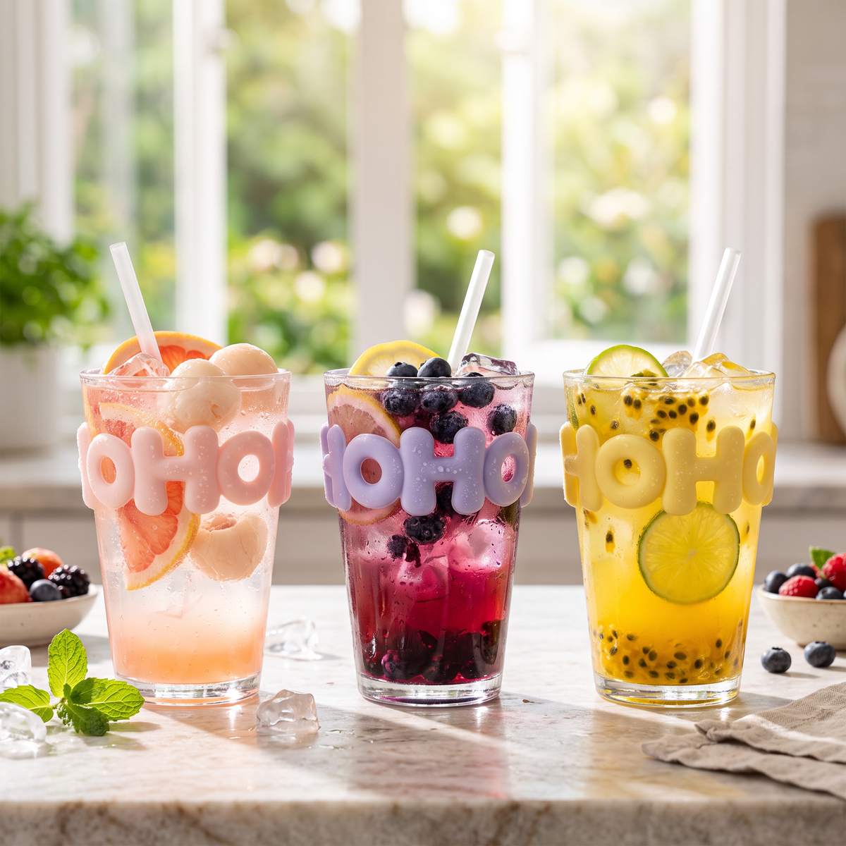 Vasos de vidrio con bombilla y bebidas frías con hielo y fruta en mesón de cocina