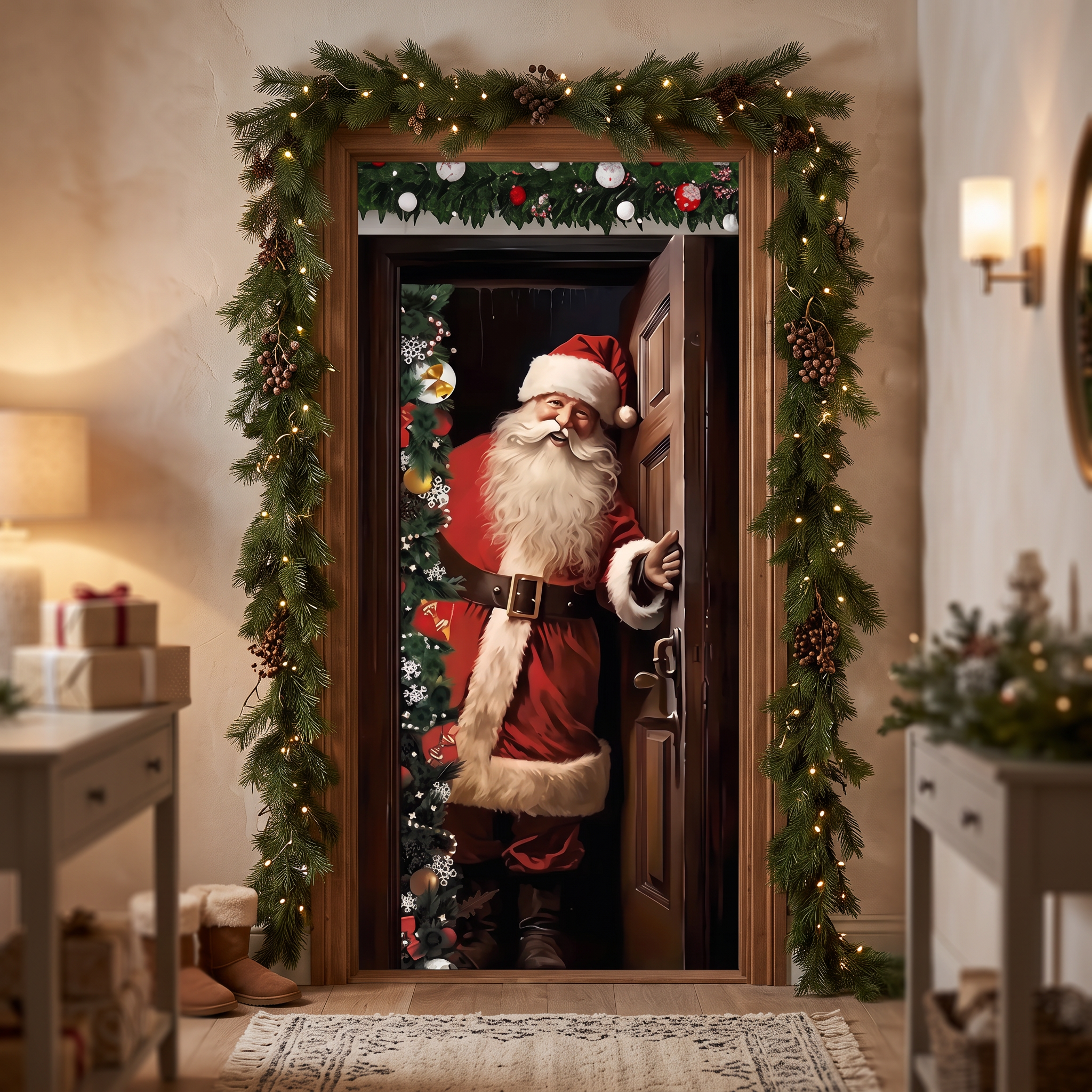 Funda de puerta navidad 100x210cm instalada en puerta de entrada
