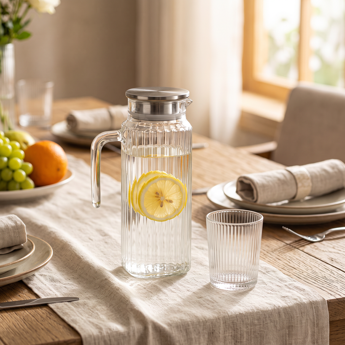Jarra de vidrio con textura de líneas servida con agua fría en mesa de comedor