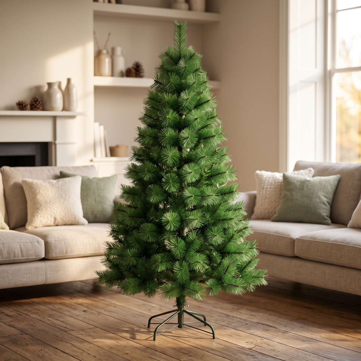 Árbol de Navidad verde liso 240cm en living familiar