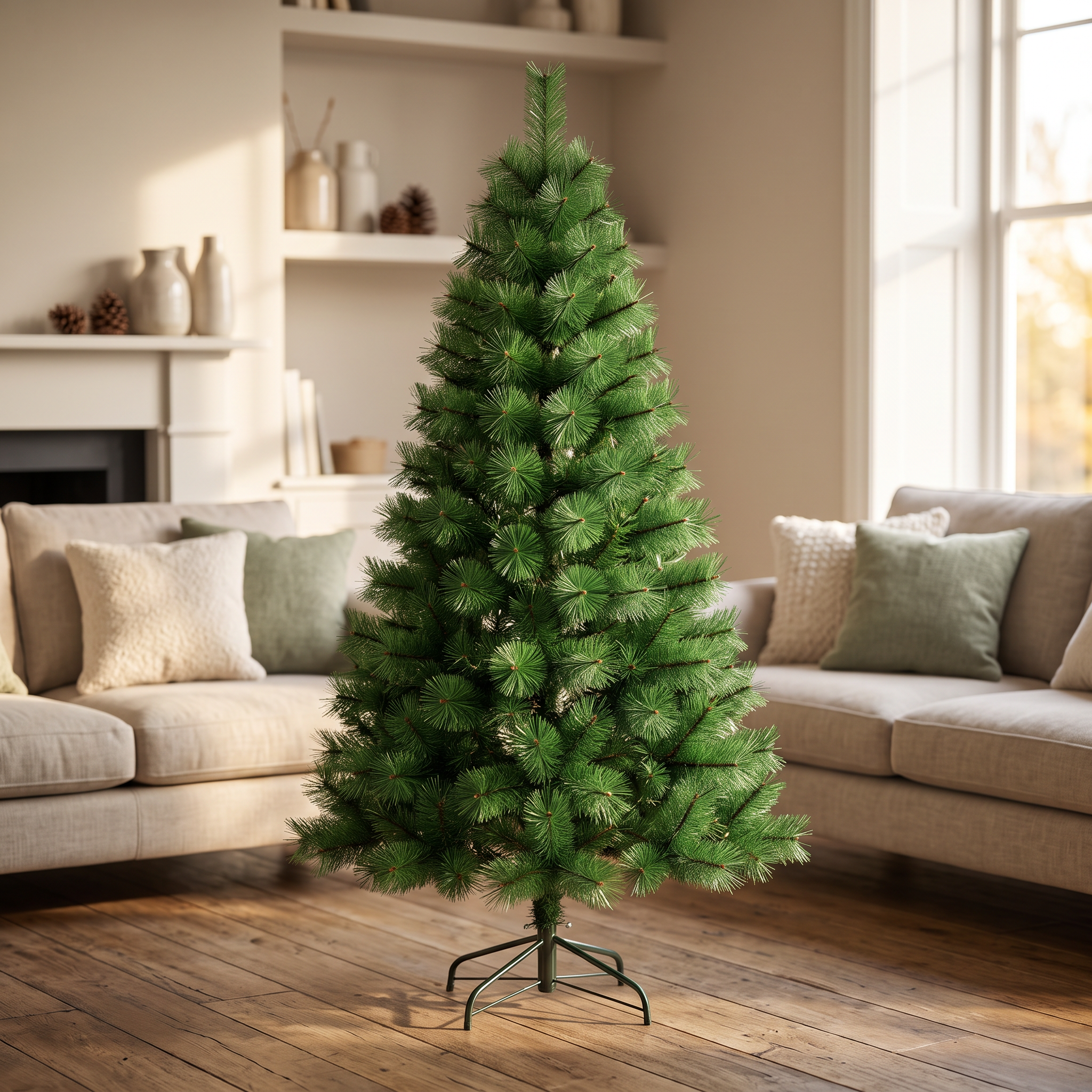 Árbol de Navidad verde liso 180cm en living familiar
