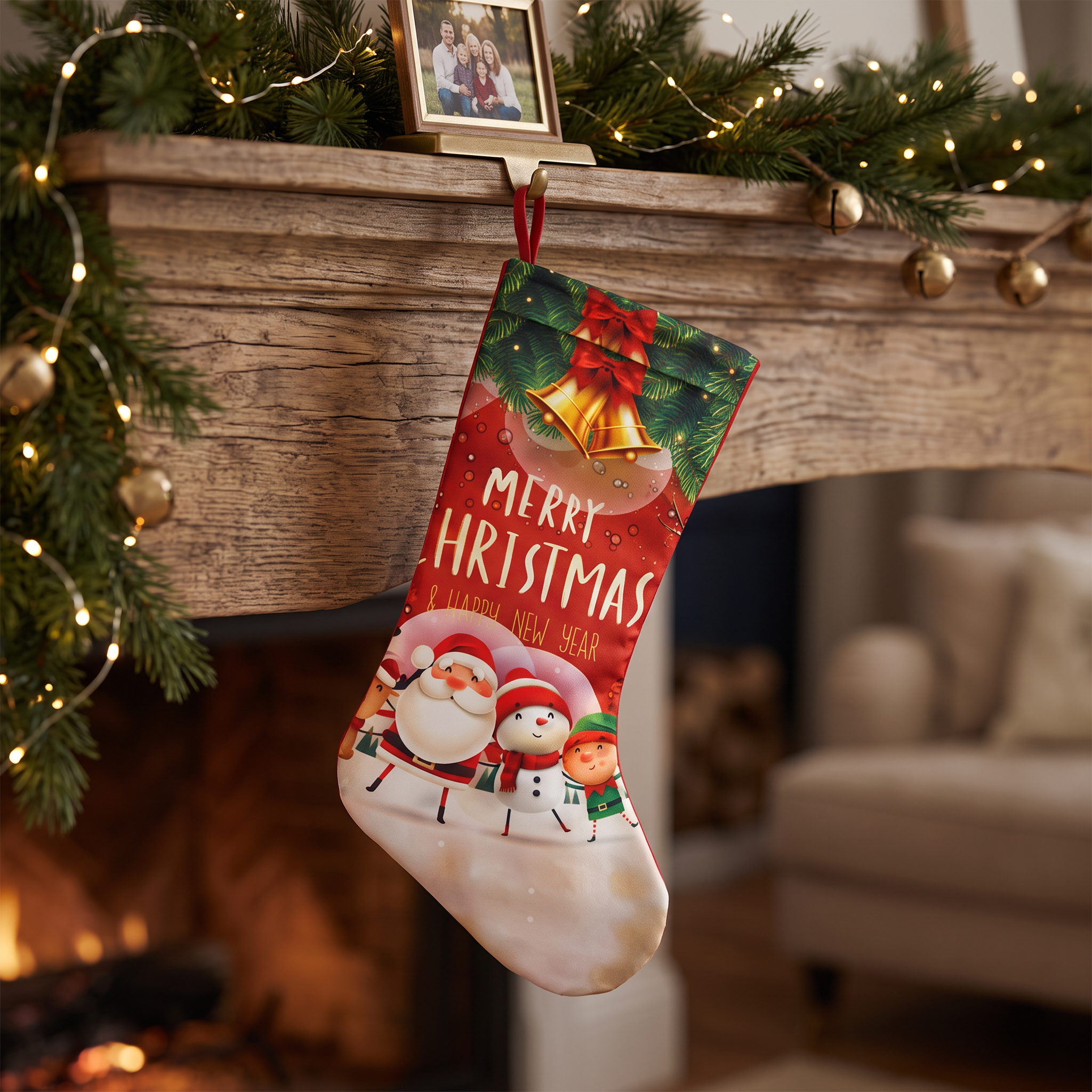Bota de Navidad de 44cm colgada en repisa de chimenea