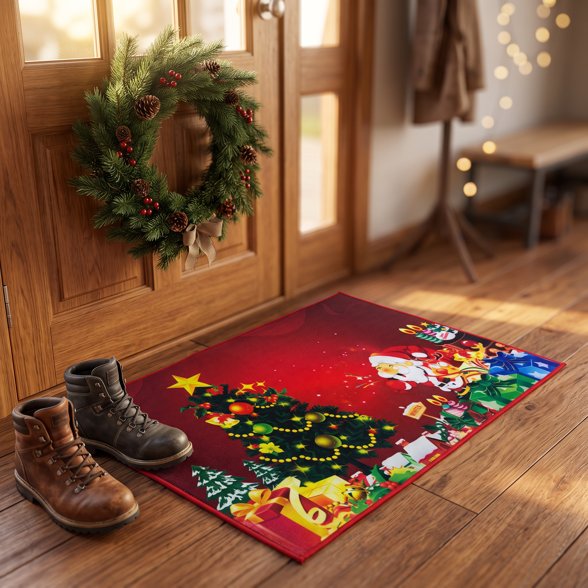Alfombra navidad 40x60cm en el piso junto a la entrada