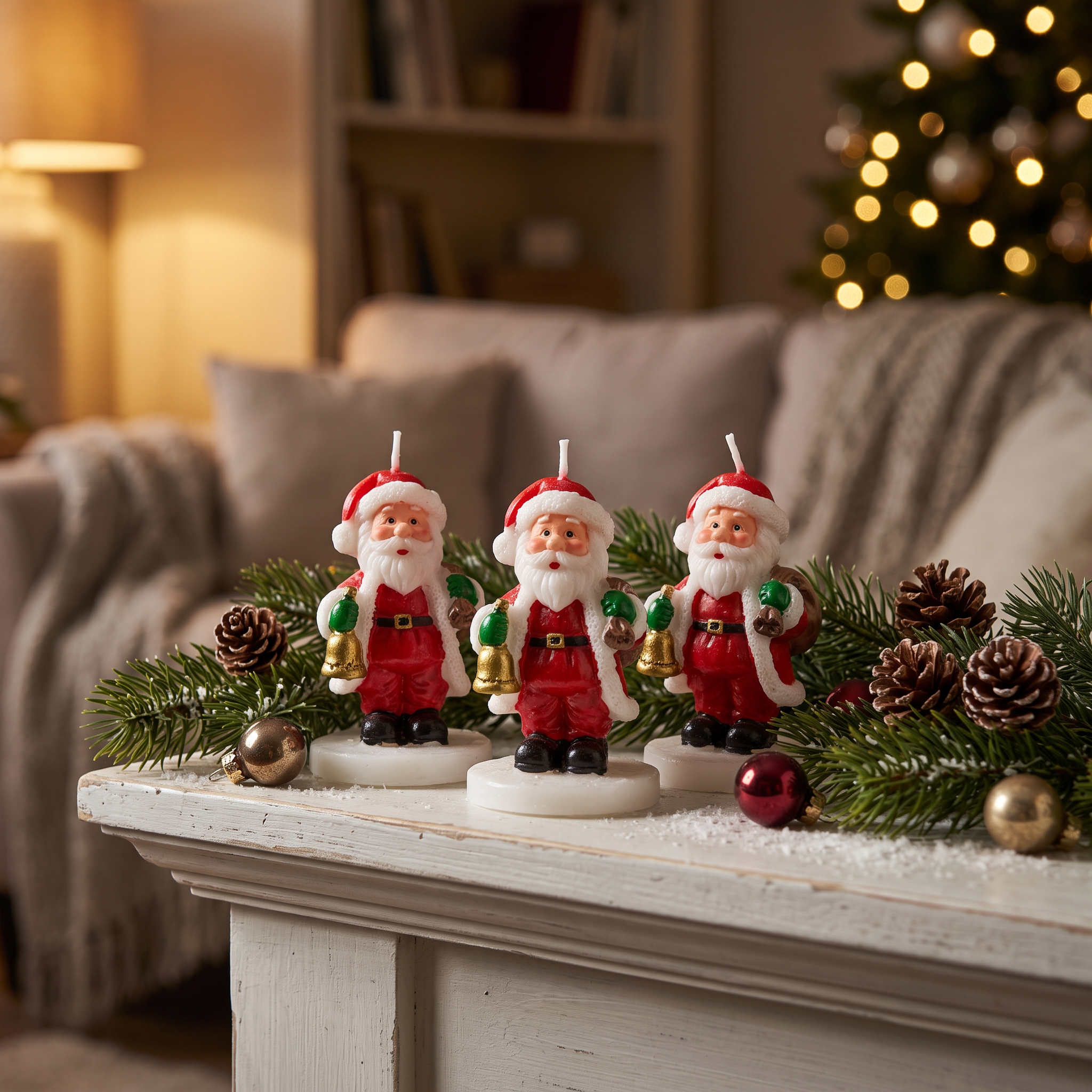 Set de tres velas con figura de Viejo Pascuero sobre repisa blanca