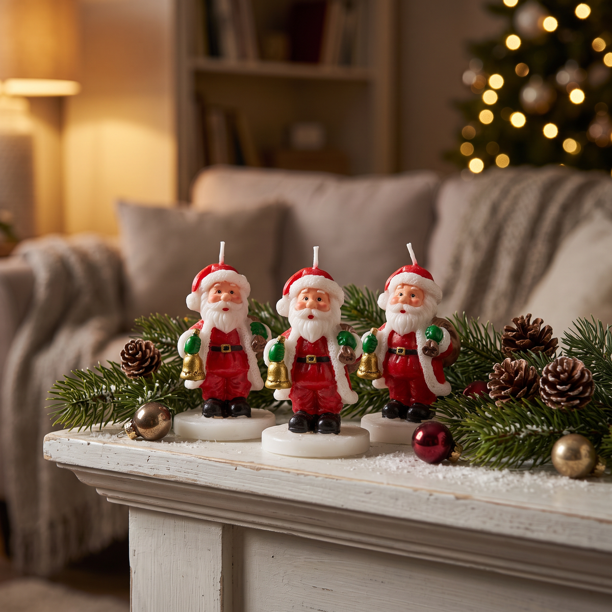 Set de tres velas con figura de Viejo Pascuero sobre repisa blanca