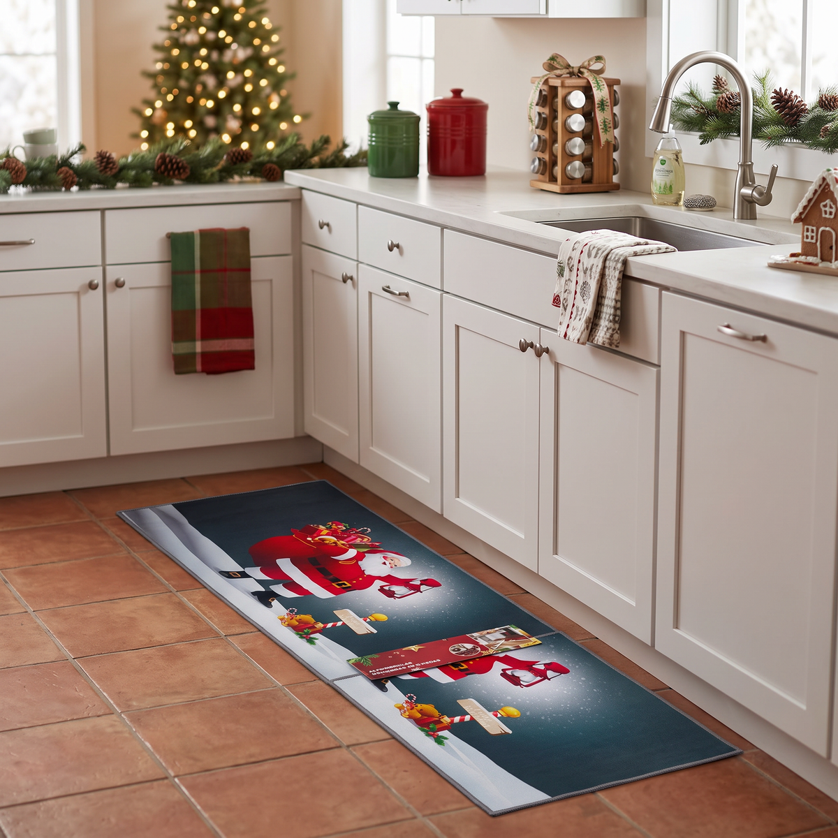 Set de alfombra y pasillera navideña en piso de cocina