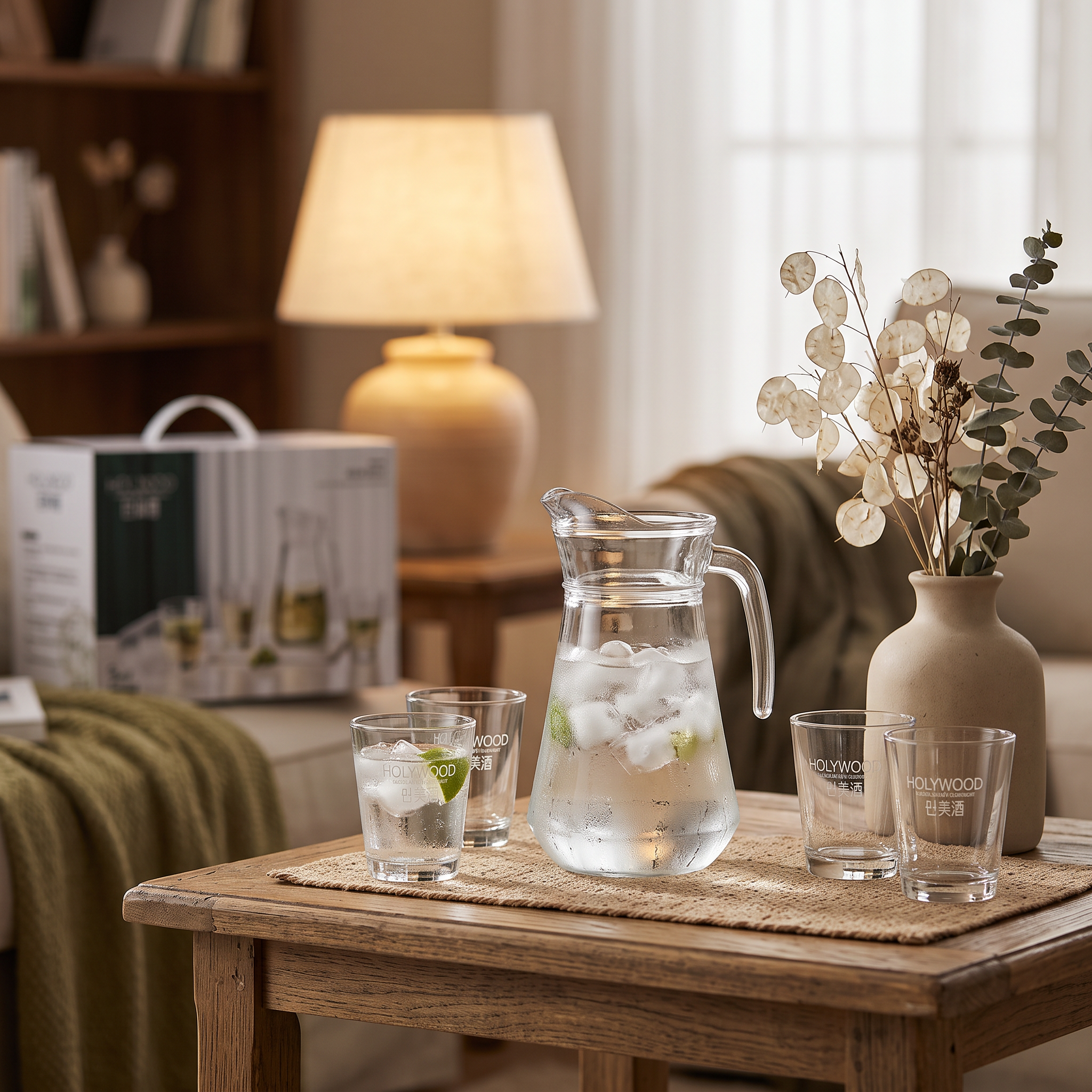 Jarra de vidrio y vasos servidos en mesa de living con luz cálida
