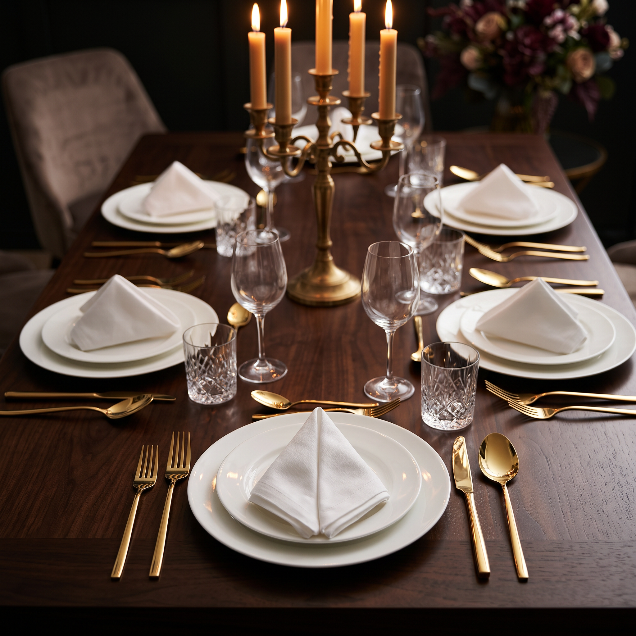 Set de 36 piezas de cubiertos dorados sobre mesa elegante con luz de velas