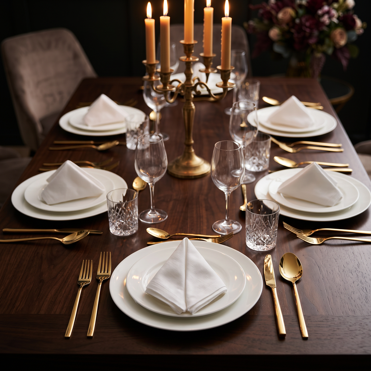 Set de 36 piezas de cubiertos dorados sobre mesa elegante con luz de velas