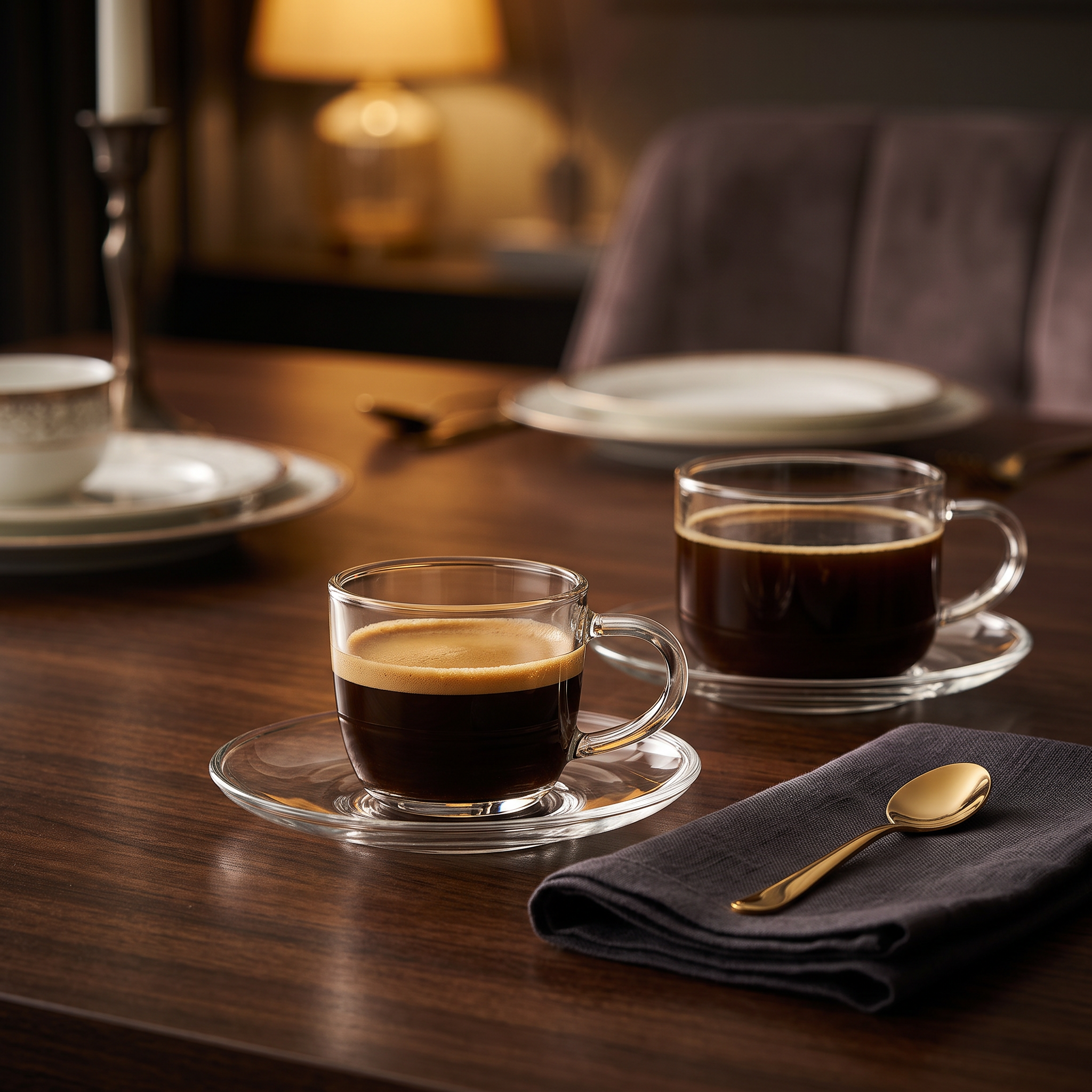 Vasos y platos de vidrio con detalle dorado servidos con café en mesa elegante