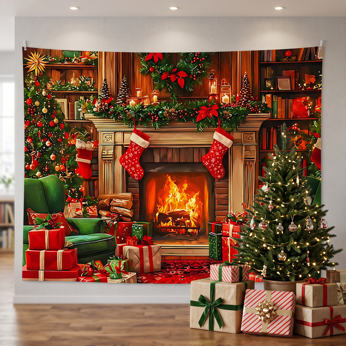Tapiz de fondo navidad 200x250cm colgado en pared de living