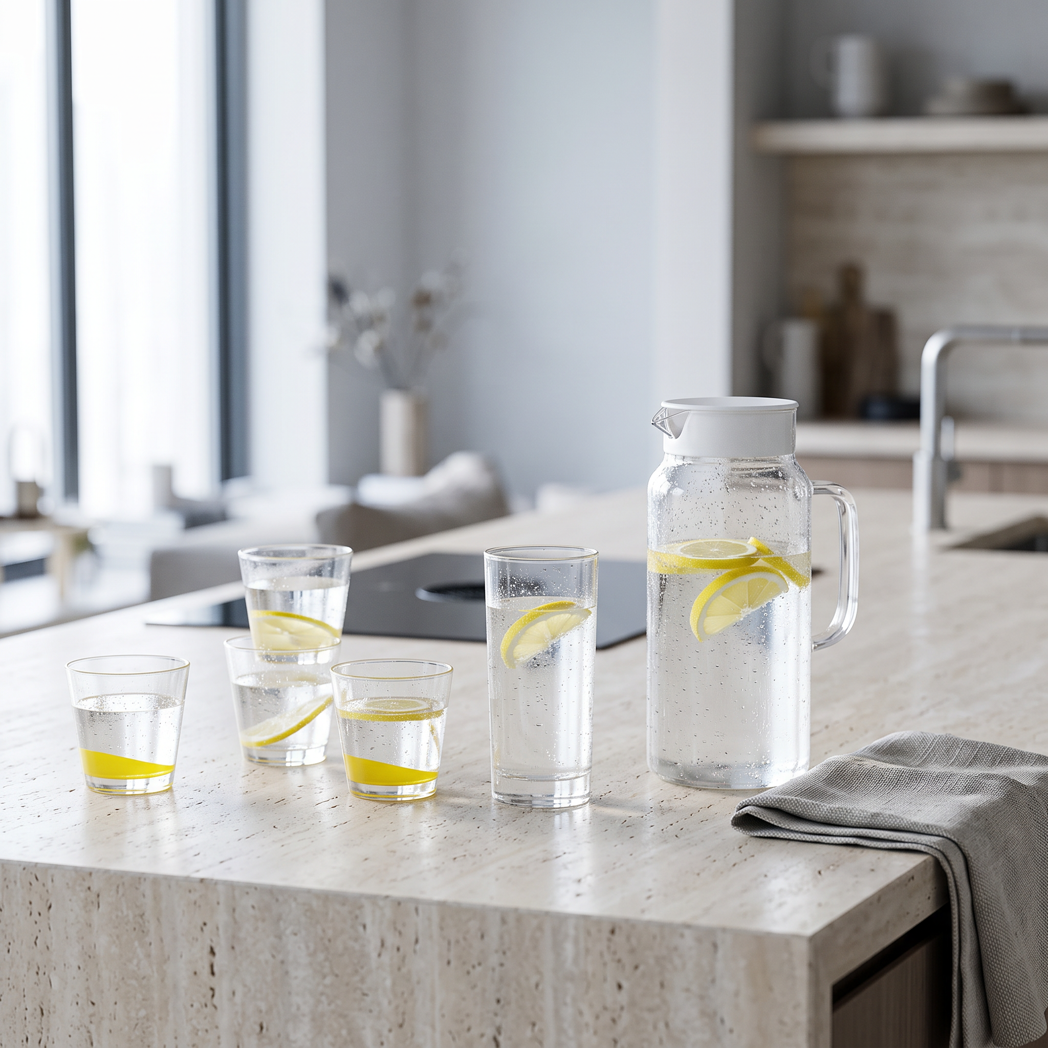 Jarra de vidrio con tapa blanca y agua con limón en mesón de cocina