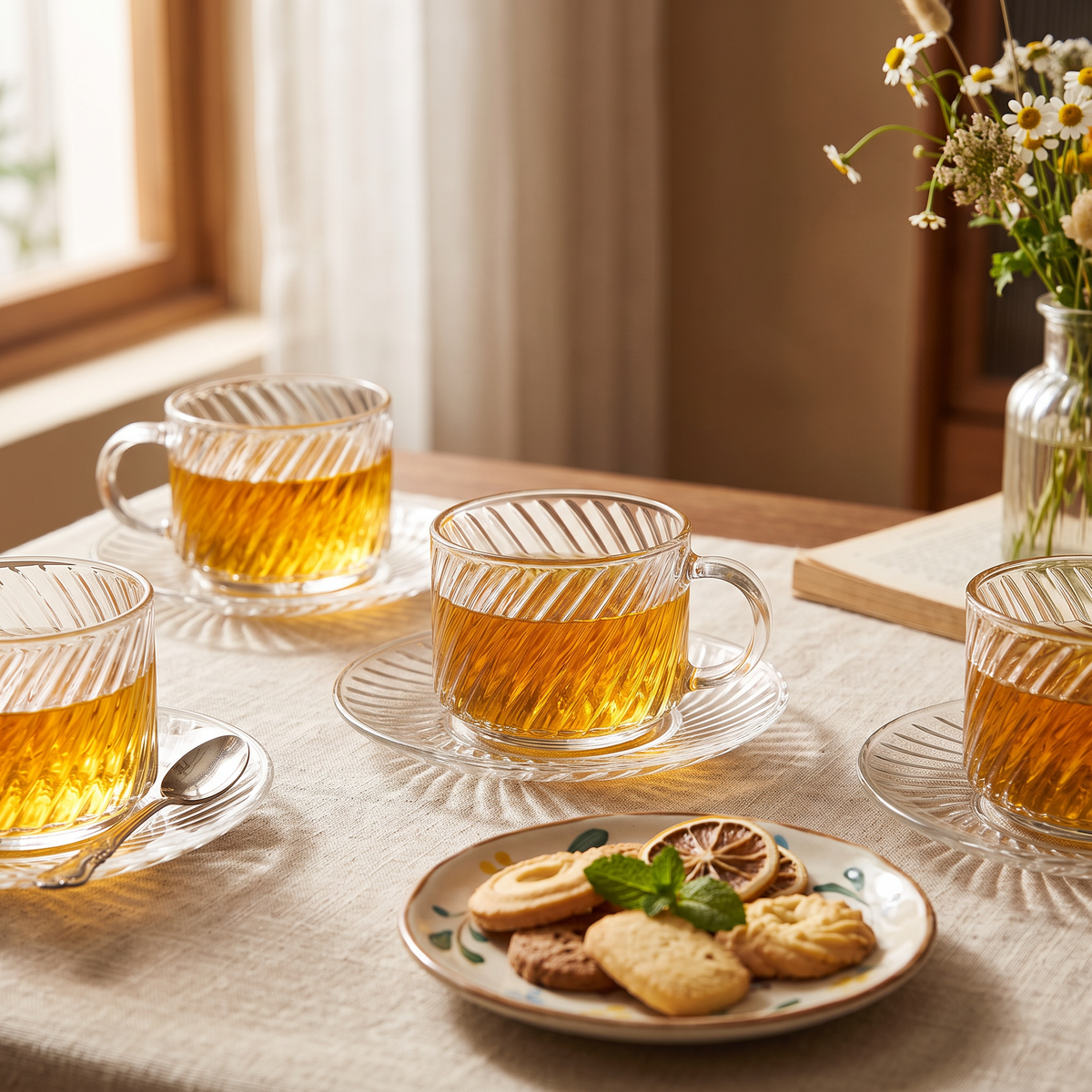 Tazas y platos de vidrio servidos con té en mesa con mantel de lino
