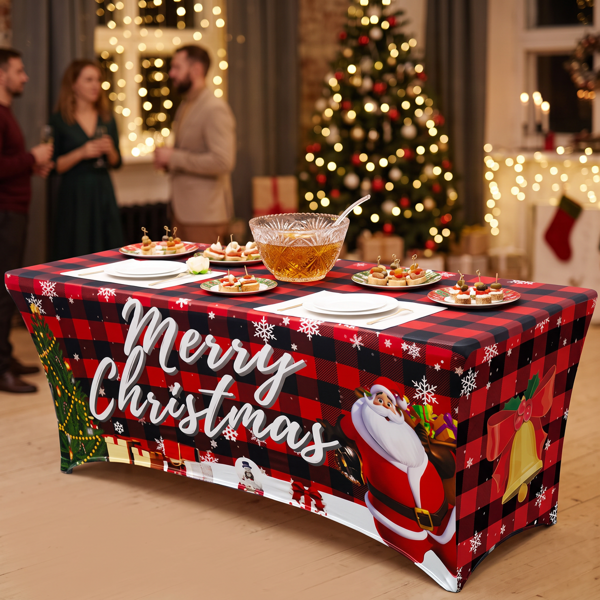 Mantel spandex navidad 70x180cm estirado sobre mesa de buffet