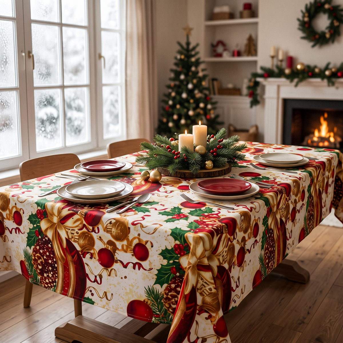 Mantel de tela navidad 150x200cm puesto en mesa de comedor
