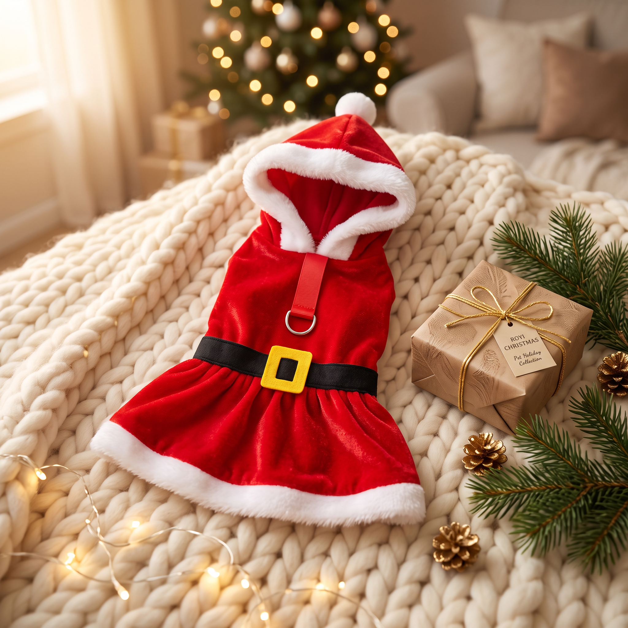 Vestido de mascota pascuero talla grande sobre manta tejida con regalo