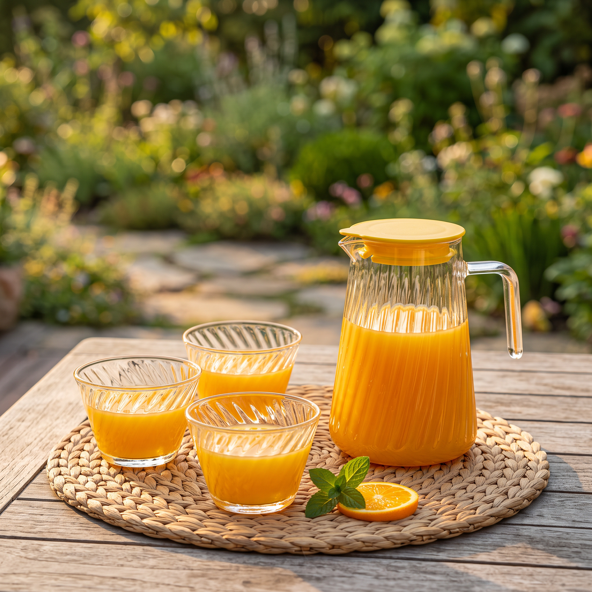 Jarra de vidrio con tapa amarilla y vasos con jugo en terraza de verano