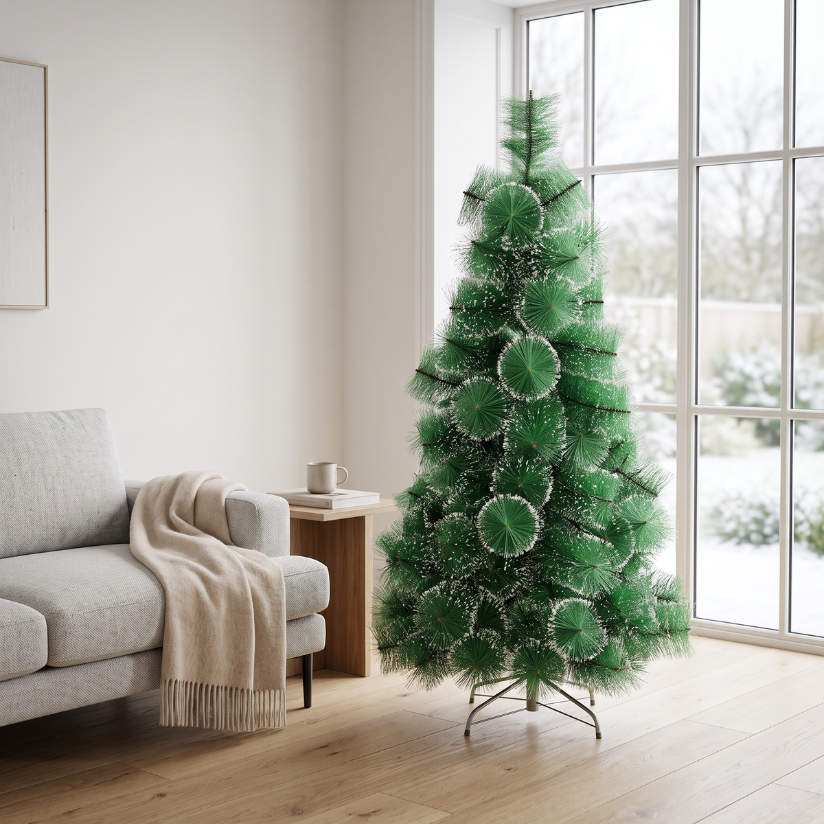 Árbol de Navidad punta nieve 240cm armado en living moderno