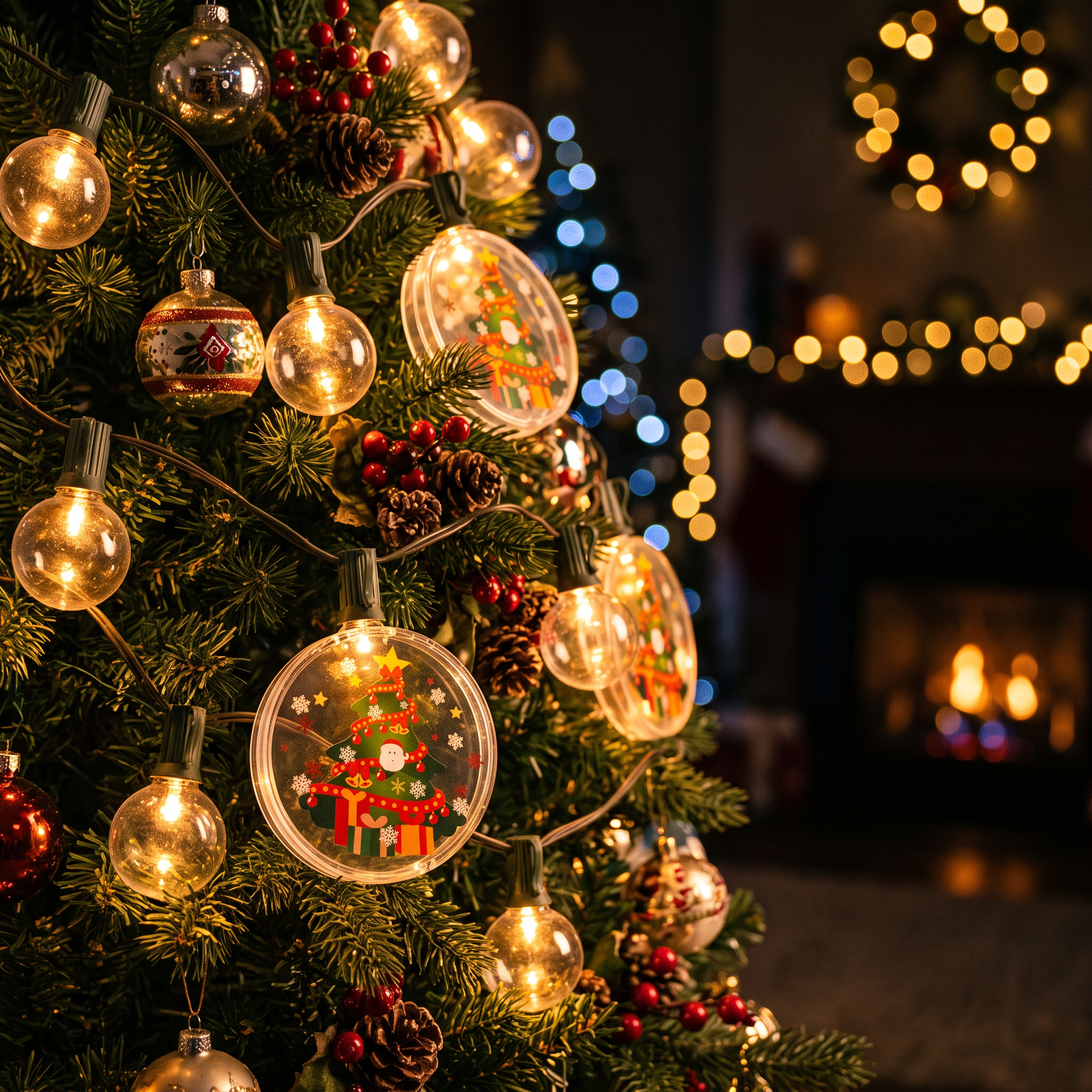 Luces redondas de árbol encendidas sobre árbol de Navidad de noche