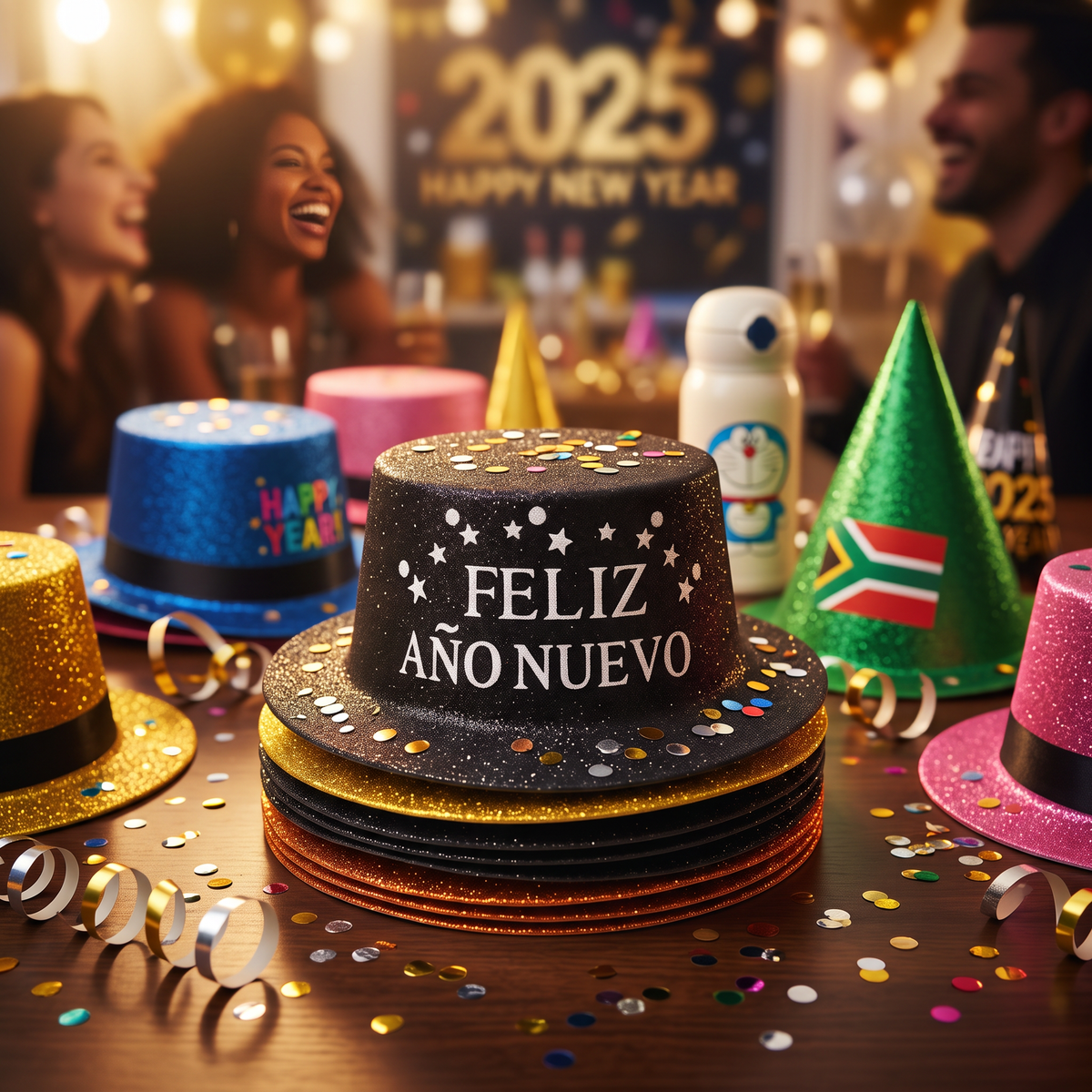 Gorros Feliz Año Nuevo en mix de colores sobre mesa de fiesta con confeti