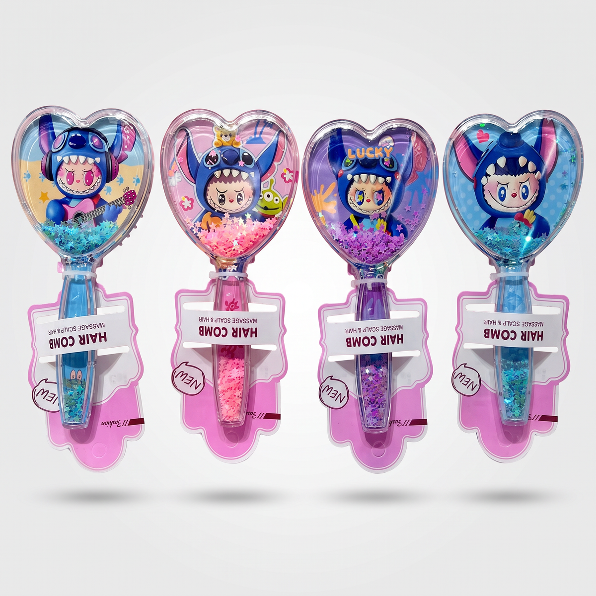 Cepillos de pelo en forma de corazón con diseños de Stitch y Labubu