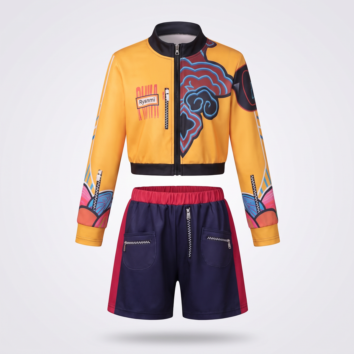 Disfraz infantil Guerreras K-Pop Premium con chaqueta amarilla estampada y short azul marino en maniquí, fondo blanco
