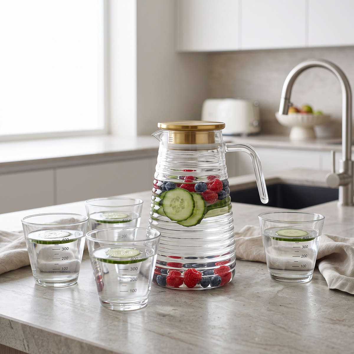 Jarra de vidrio con textura de líneas y vasos con agua saborizada en cocina moderna
