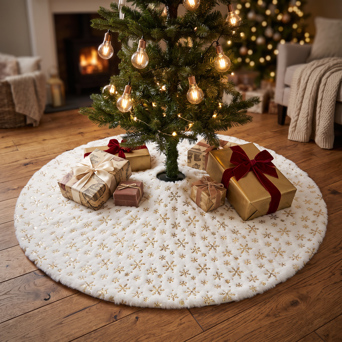 Alfombra circular de árbol de 80cm en el piso bajo el árbol con regalos