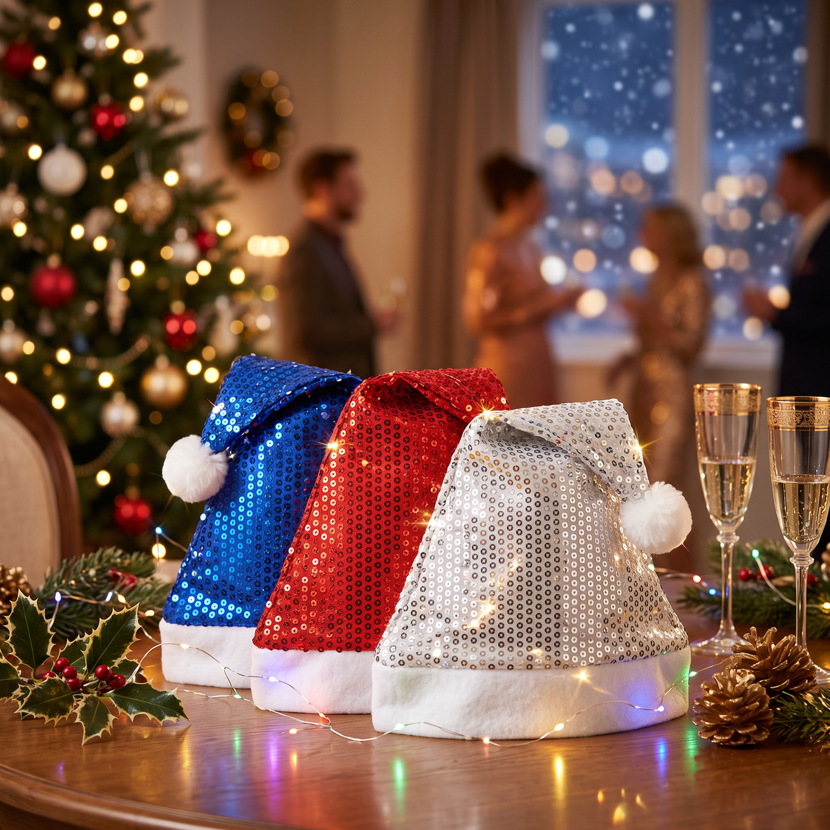 Gorros de Navidad con lentejuelas en tres colores sobre mesa de fiesta