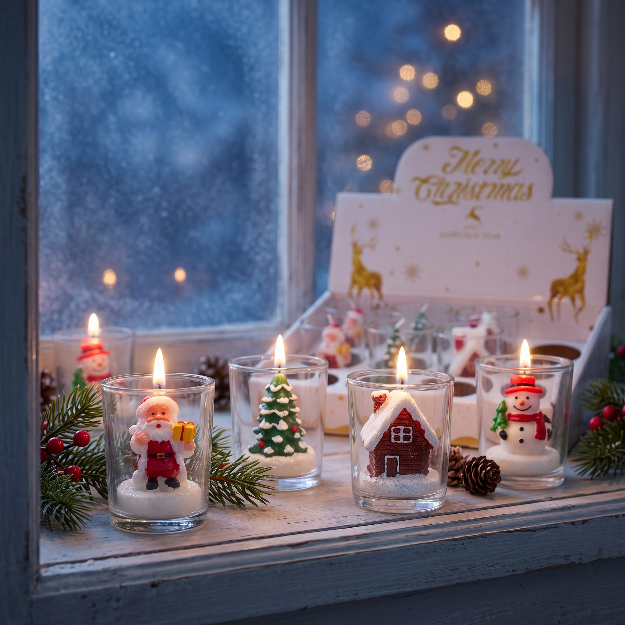 Velas navideñas en vaso de vidrio de 6cm encendidas en repisa de ventana