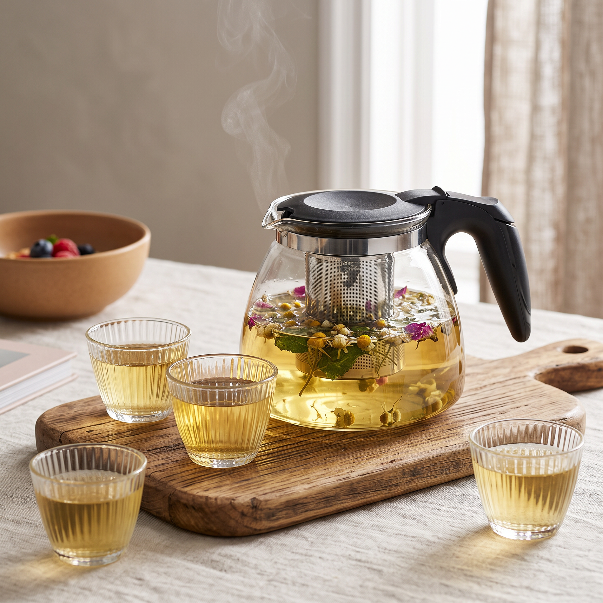 Tetera de vidrio con infusor y té de hierbas reposando en mesa con luz de mañana
